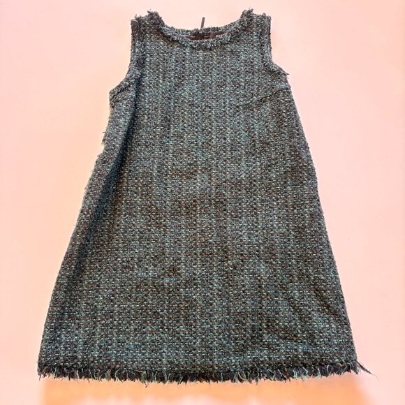 Paule KA Tweed Wool Fringe Dress Green Black Blue Sleeveless Winter Plaid - Picture 1 of 8